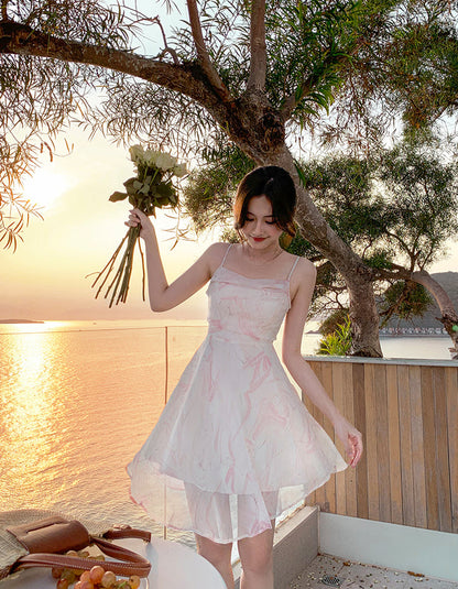 Pink Floral Suspender Skirt Beach Holiday Short Beach Skirt   AP0266