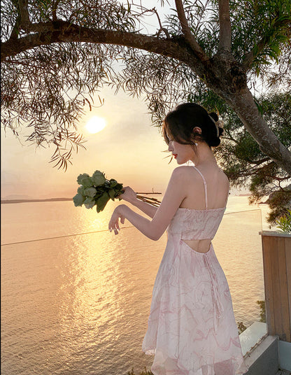 Pink Floral Suspender Skirt Beach Holiday Short Beach Skirt   AP0266