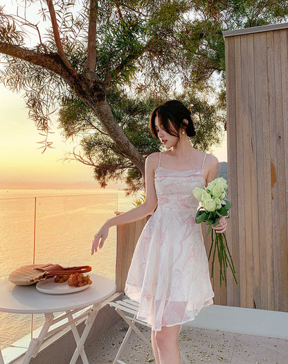 Pink Floral Suspender Skirt Beach Holiday Short Beach Skirt   AP0266