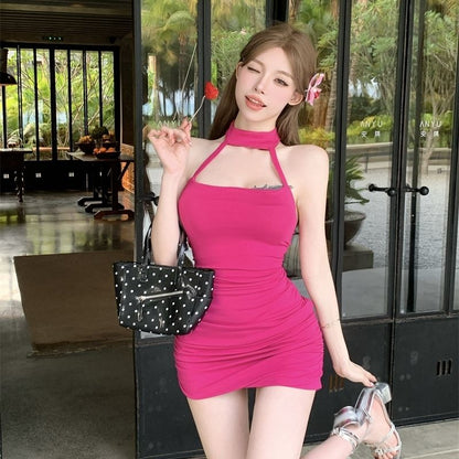 Sexy Halter Neck Suspender One Shoulder Bodycon Short Dress AP0267