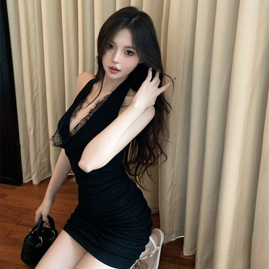 Novelty Sexy Halter Bodycon Lace Verge Skirt Elegant Short Dress AP0272