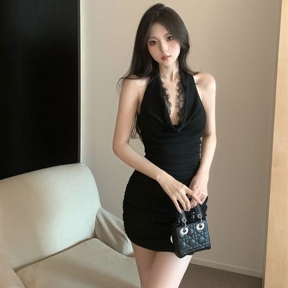 Novelty Sexy Halter Bodycon Lace Verge Skirt Elegant Short Dress AP0272