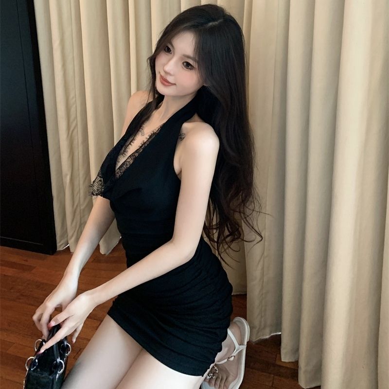 Novelty Sexy Halter Bodycon Lace Verge Skirt Elegant Short Dress AP0272