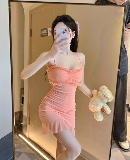 Charming Sheath Spaghetti Strap Dress Cute Fold Verge Short Dress AP0276