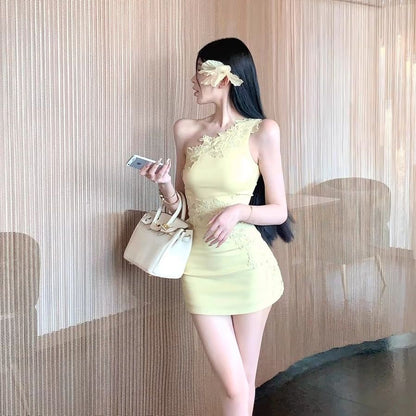 Summer One Shoulder Bodycon Sleeveless Asymmetrical Strap Sheath Short Dress AP0278