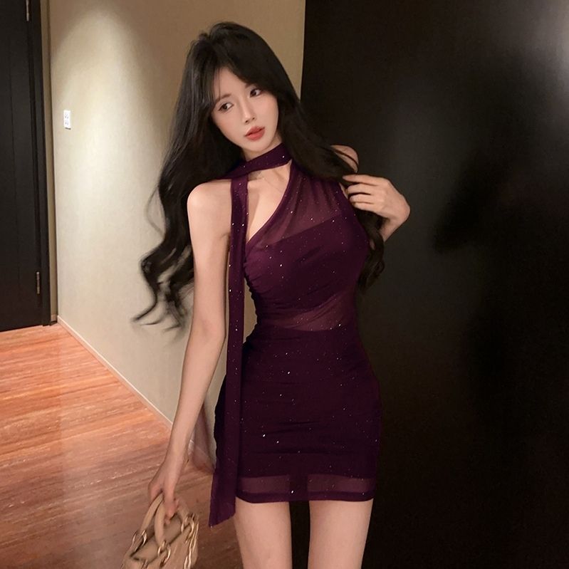 Sparkle Crystal Ornament One Shoulder Sleeveless Asymmetrical Bodycon Short Dress AP0281