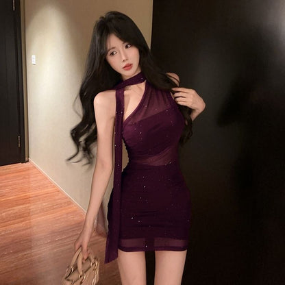 Sparkle Crystal Ornament One Shoulder Sleeveless Asymmetrical Bodycon Short Dress AP0281