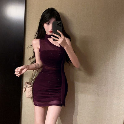 Sparkle Crystal Ornament One Shoulder Sleeveless Asymmetrical Bodycon Short Dress AP0281