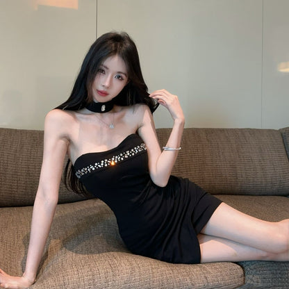 Charming Strapless Skirt Crystal Ornament Summer Elegant Sheath Short Dress AP0282