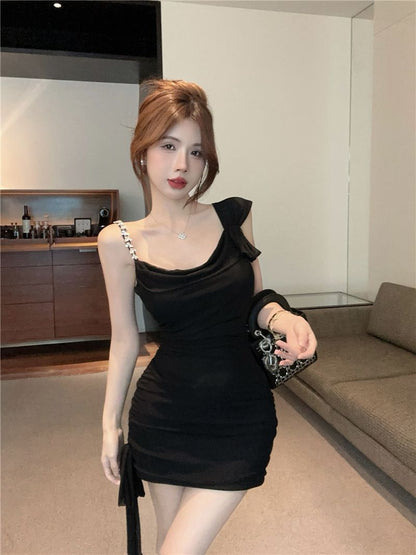 Exquisite Asymmetrical Spaghetti Strap Sheath Dress Sexy Skirt Summer Bodycon Short Dress AP0286