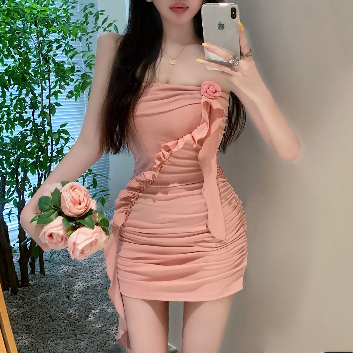 Sheath Cute Skirt Fitted Strapless Summer Novelty Ruffles Short Dress AP0288