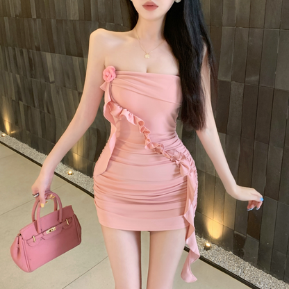 Sheath Cute Skirt Fitted Strapless Summer Novelty Ruffles Short Dress AP0288