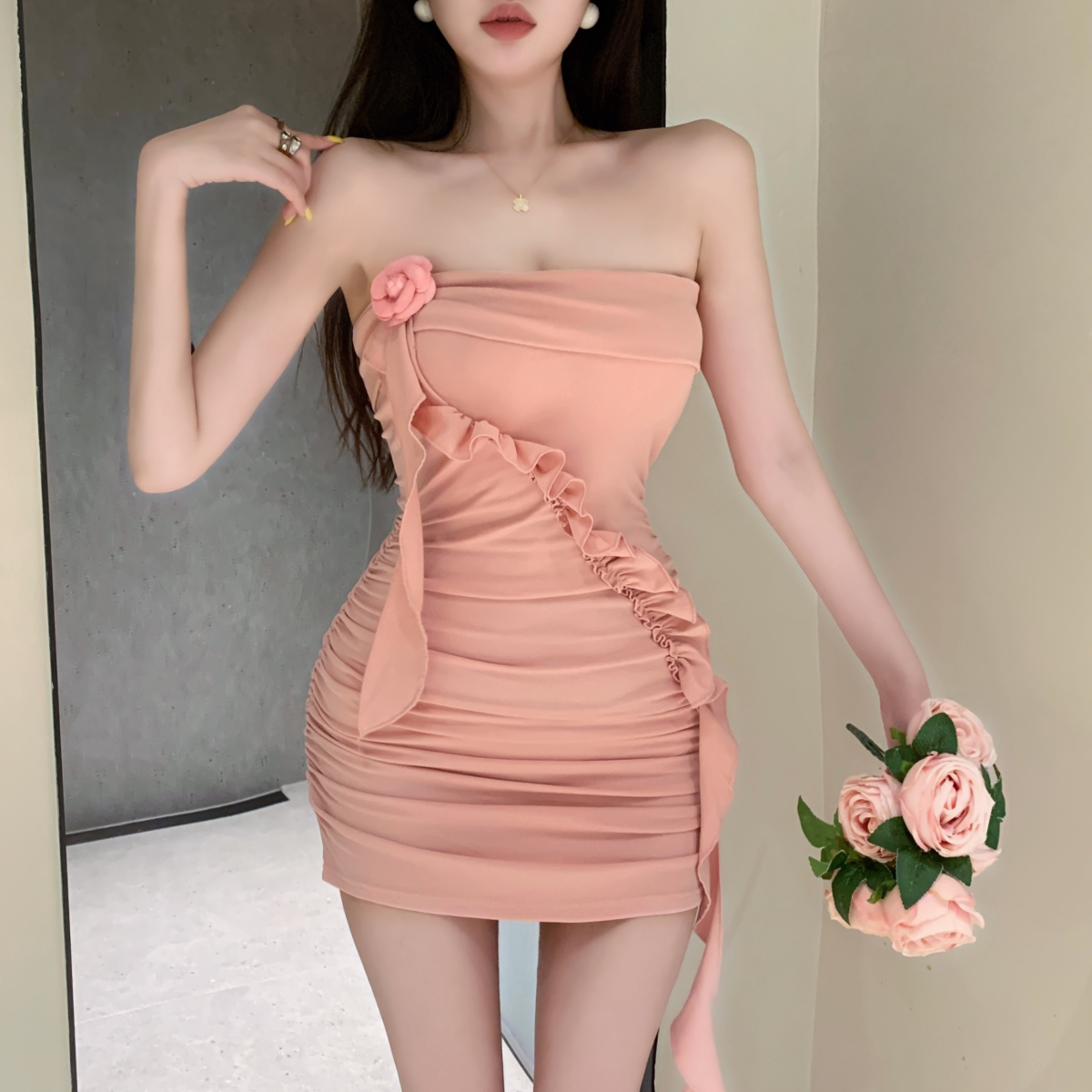 Sheath Cute Skirt Fitted Strapless Summer Novelty Ruffles Short Dress AP0288