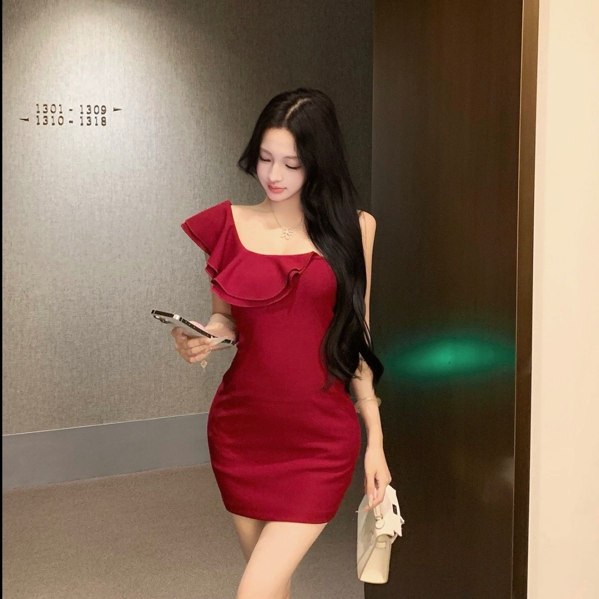 Ruffles Retro Asymmetrical Strap One Shoulder Dress Bodycon Short Dress AP0289
