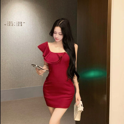 Ruffles Retro Asymmetrical Strap One Shoulder Dress Bodycon Short Dress AP0289