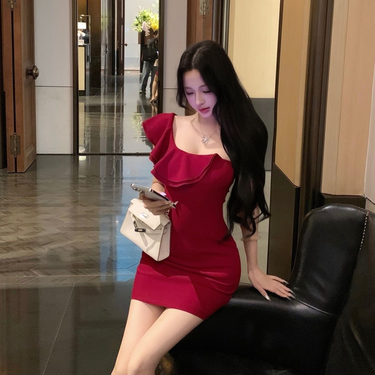 Ruffles Retro Asymmetrical Strap One Shoulder Dress Bodycon Short Dress AP0289