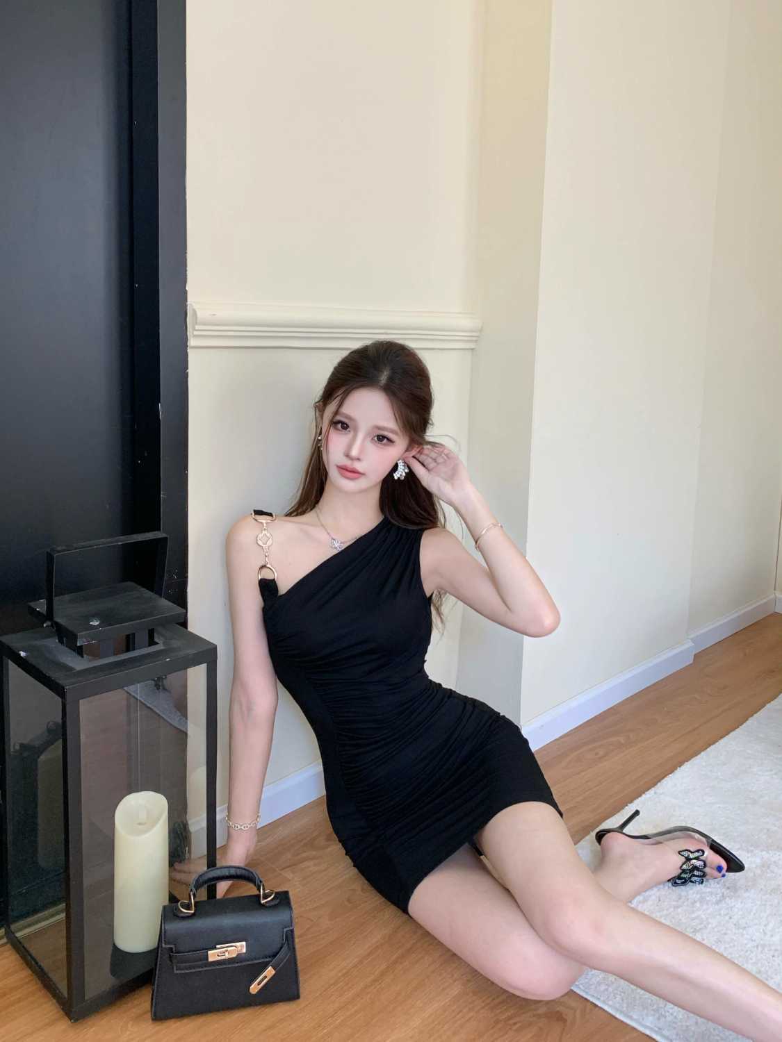 Chic Spaghetti Strap Sheath Dress Asymmetrical Neck Skirt Bodycon Short Dress AP0290