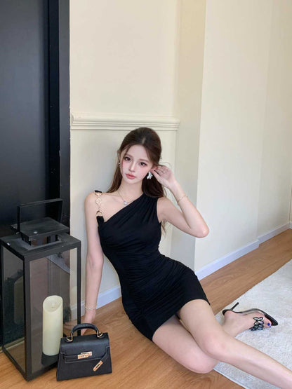 Chic Spaghetti Strap Sheath Dress Asymmetrical Neck Skirt Bodycon Short Dress AP0290