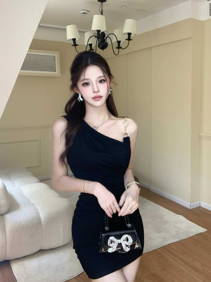 Chic Spaghetti Strap Sheath Dress Asymmetrical Neck Skirt Bodycon Short Dress AP0290