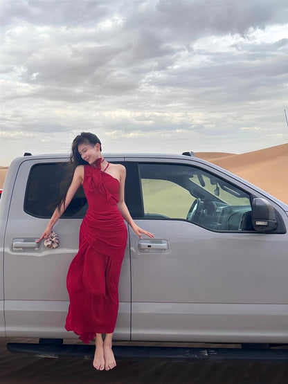 2025 New Stylish Rose Shape Ornament High-Waisted Elegant One Shoulder Strap Long Dress AP0291