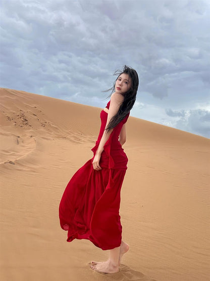 2025 New Stylish Rose Shape Ornament High-Waisted Elegant One Shoulder Strap Long Dress AP0291