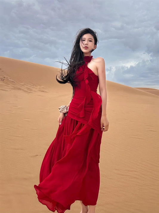 2025 New Stylish Rose Shape Ornament High-Waisted Elegant One Shoulder Strap Long Dress AP0291