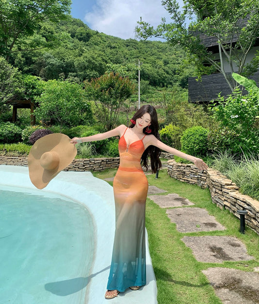 Stylish Flowy Vacation Sundress Spaghetti Strap Tropical Style Seaside Holiday Long Dress AP0292