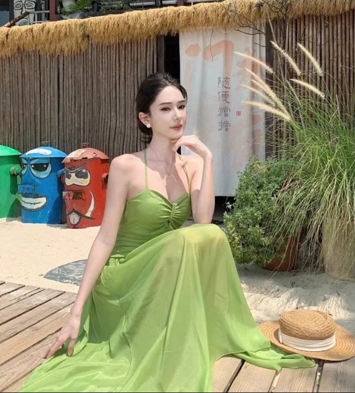 Flowy Beach Vacation Lightweight Dress With Natural Waist Fashion Halter Dress AP0293