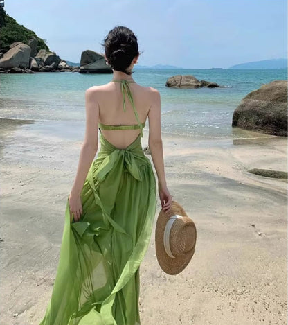 Flowy Beach Vacation Lightweight Dress With Natural Waist Fashion Halter Dress AP0293