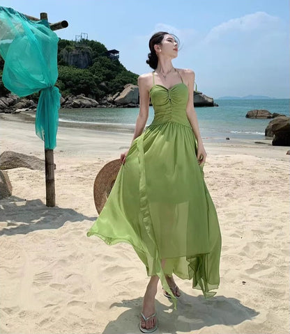 Flowy Beach Vacation Lightweight Dress With Natural Waist Fashion Halter Dress AP0293
