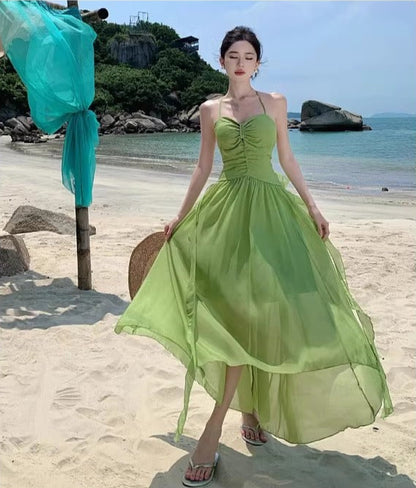 Flowy Beach Vacation Lightweight Dress With Natural Waist Fashion Halter Dress AP0293