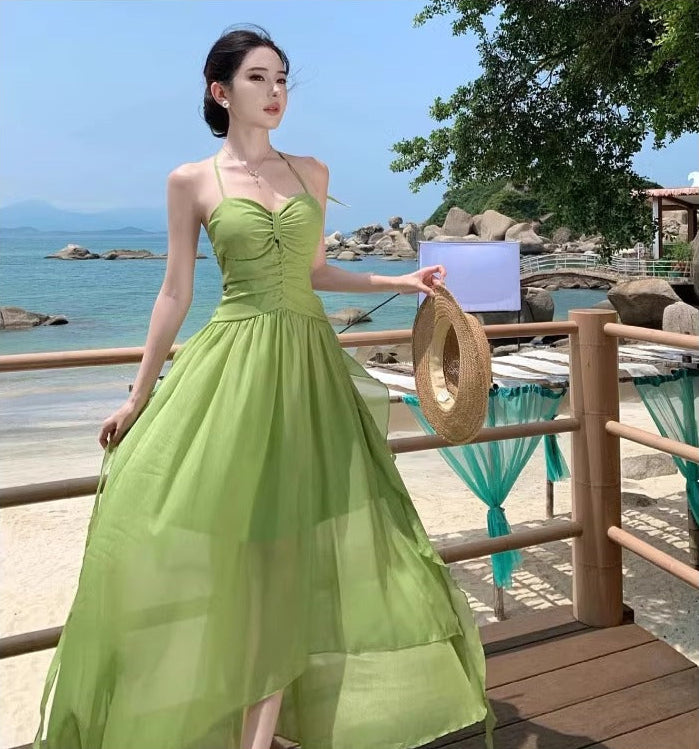 Flowy Beach Vacation Lightweight Dress With Natural Waist Fashion Halter Dress AP0293