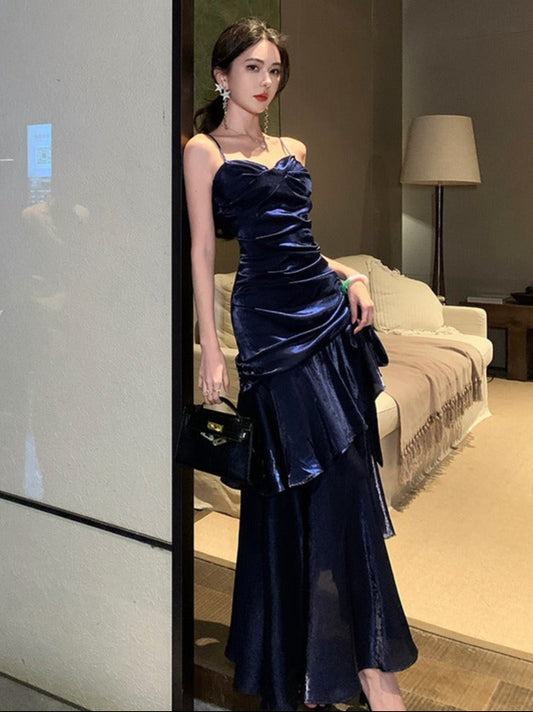 Waist-Cinching Flowy Party Dress Spaghetti Strap Ruffled Long Dress AP0294