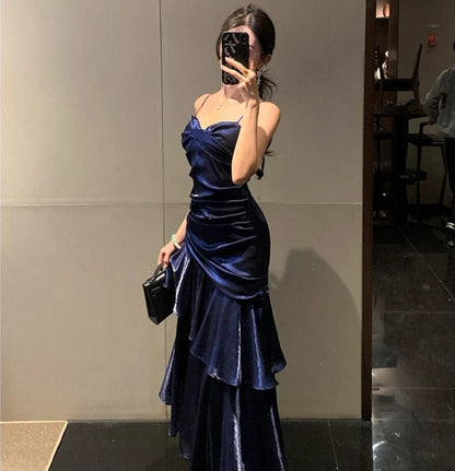 Waist-Cinching Flowy Party Dress Spaghetti Strap Ruffled Long Dress AP0294