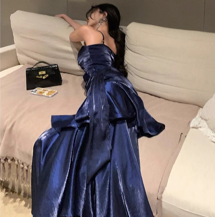 Waist-Cinching Flowy Party Dress Spaghetti Strap Ruffled Long Dress AP0294