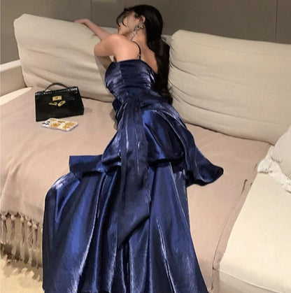 Waist-Cinching Flowy Party Dress Spaghetti Strap Ruffled Long Dress AP0294