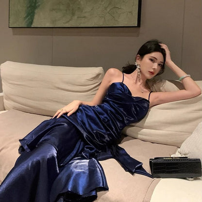 Waist-Cinching Flowy Party Dress Spaghetti Strap Ruffled Long Dress AP0294