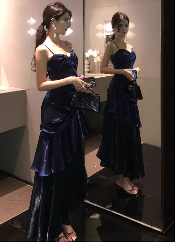 Waist-Cinching Flowy Party Dress Spaghetti Strap Ruffled Long Dress AP0294