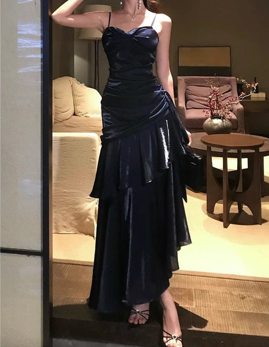 Waist-Cinching Flowy Party Dress Spaghetti Strap Ruffled Long Dress AP0294