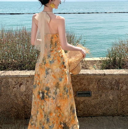 Vacation Flowy Beach Dress Pastel Color Motif Waist-Cinching Sleeveless Dress Halter Dress AP0295