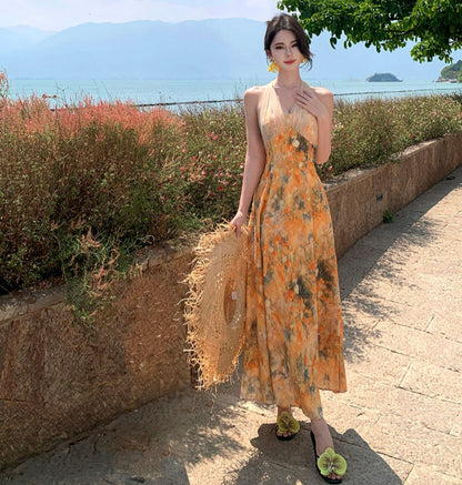 Vacation Flowy Beach Dress Pastel Color Motif Waist-Cinching Sleeveless Dress Halter Dress AP0295