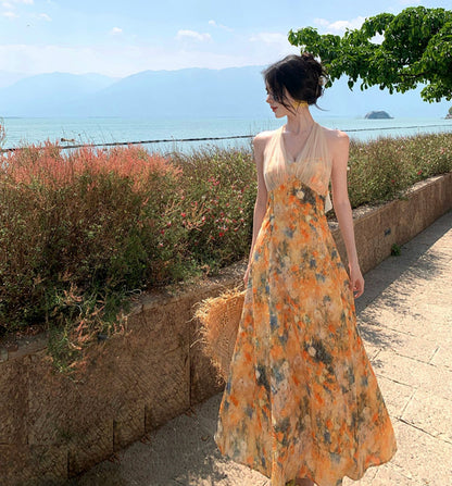 Vacation Flowy Beach Dress Pastel Color Motif Waist-Cinching Sleeveless Dress Halter Dress AP0295