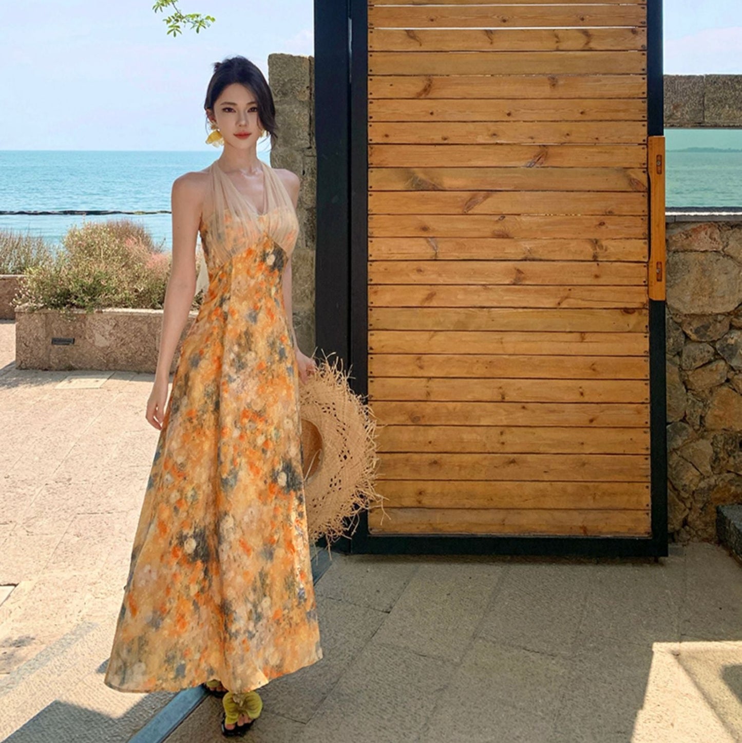 Vacation Flowy Beach Dress Pastel Color Motif Waist-Cinching Sleeveless Dress Halter Dress AP0295