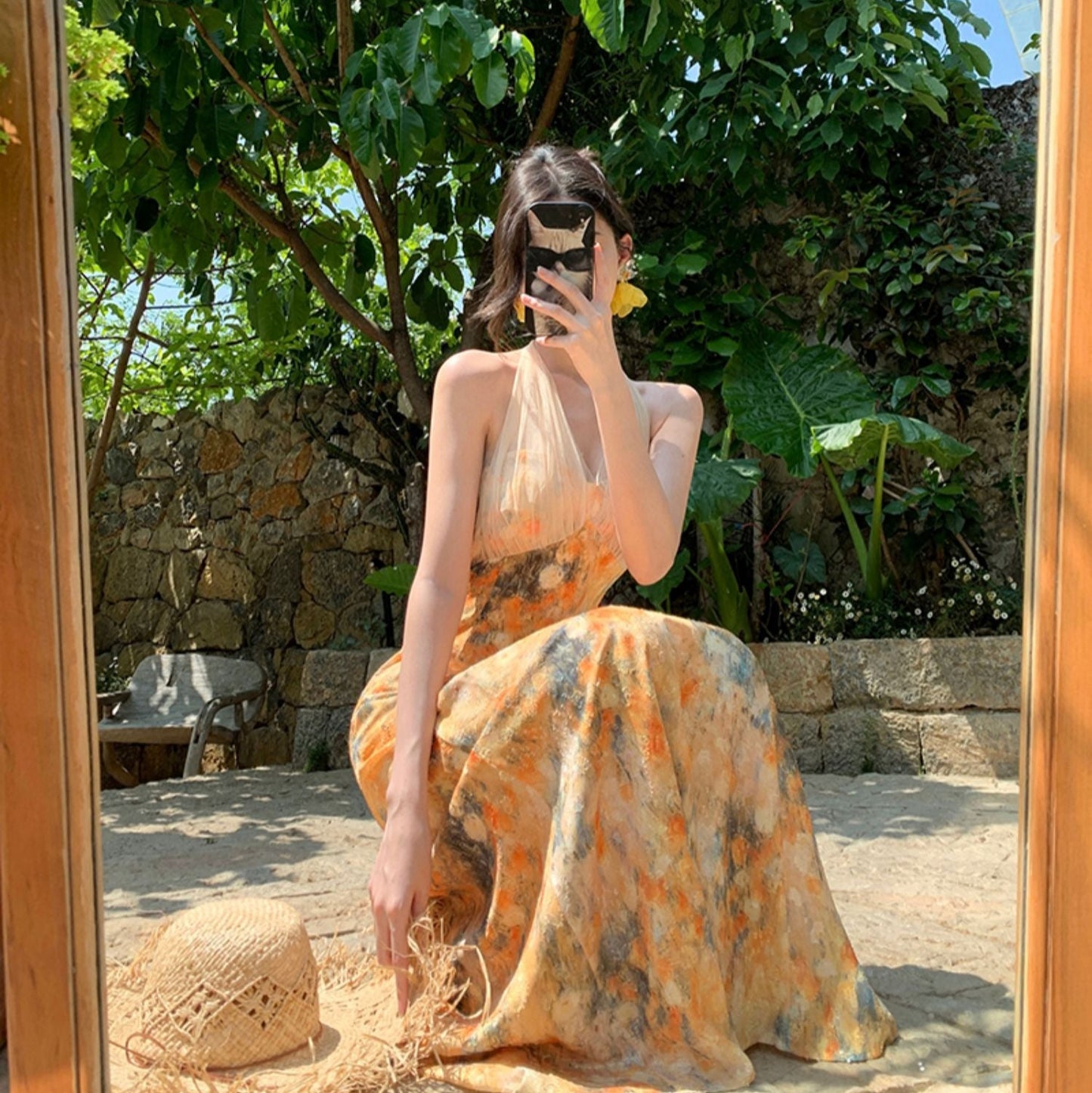 Vacation Flowy Beach Dress Pastel Color Motif Waist-Cinching Sleeveless Dress Halter Dress AP0295