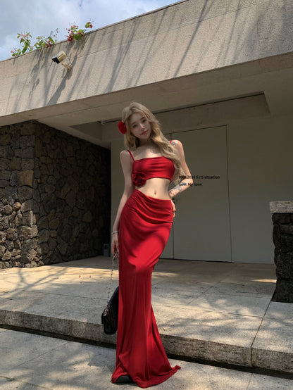 Fashion Waist-Cinching Vacation Dress Spaghetti Strap Bodycon Suit Long Dress AP0296