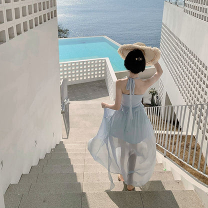 Summer Flowy Beach Vacation Lightweight Dress Backless Ruffles Halter Dress AP0299