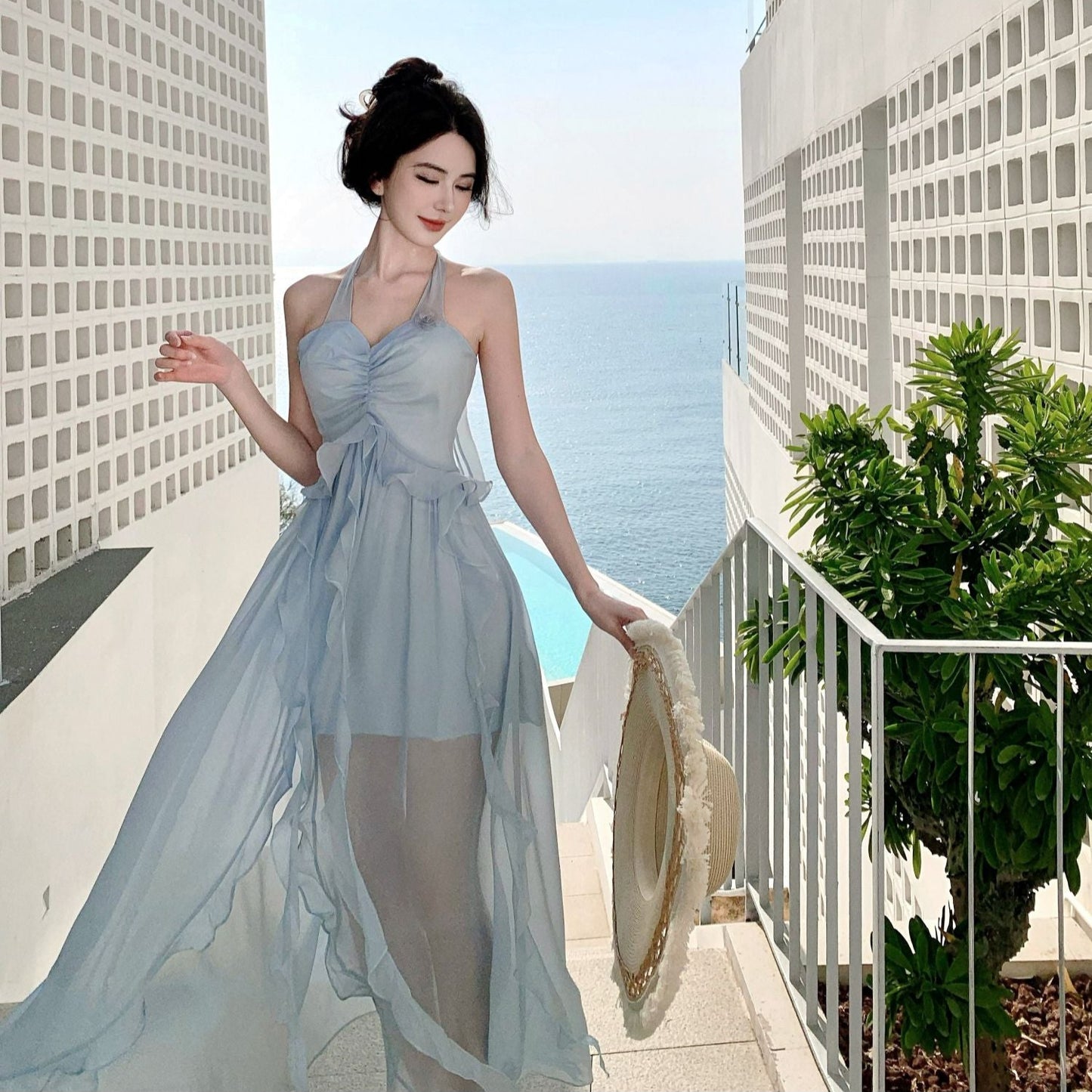 Summer Flowy Beach Vacation Lightweight Dress Backless Ruffles Halter Dress AP0299