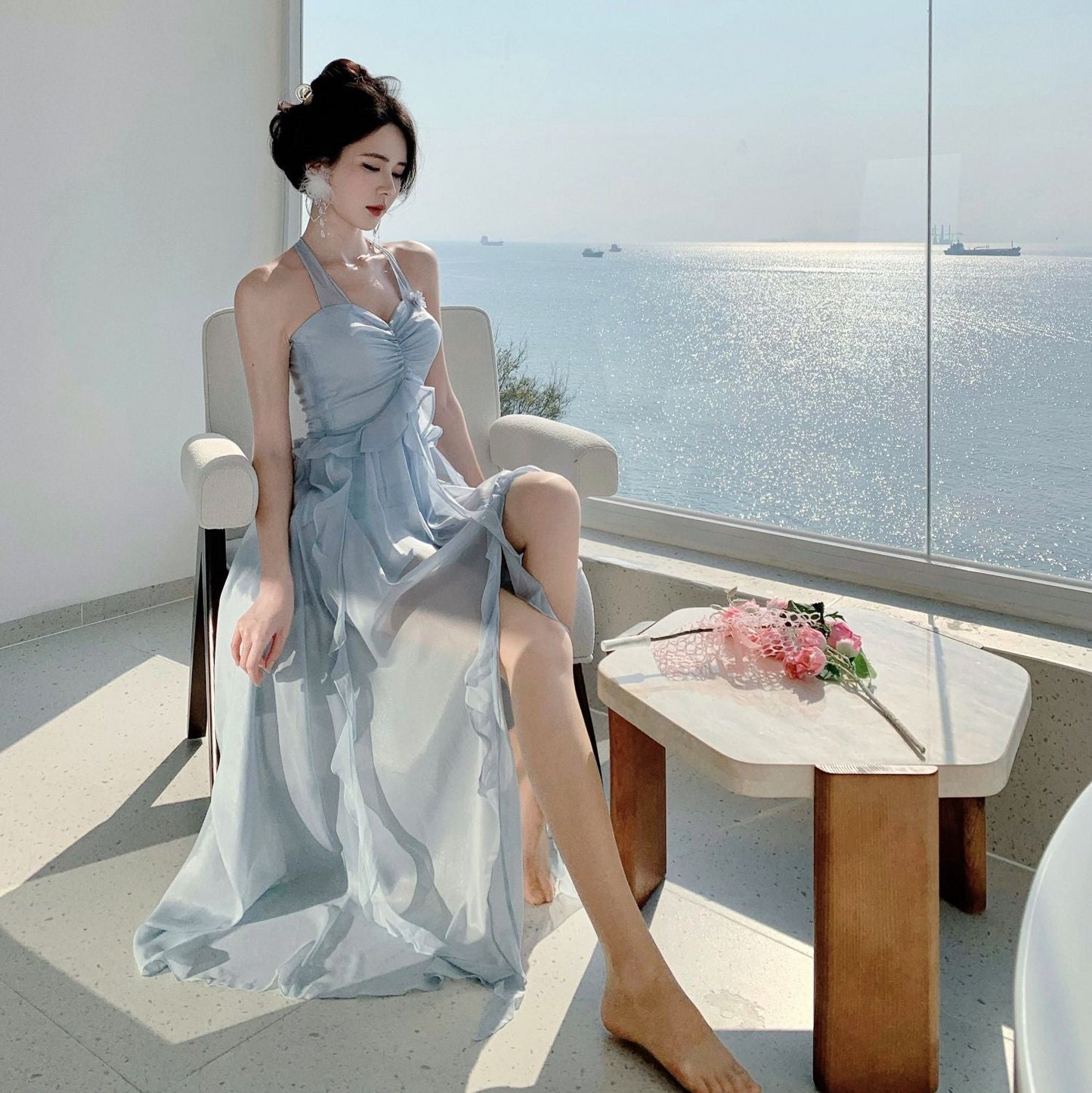 Summer Flowy Beach Vacation Lightweight Dress Backless Ruffles Halter Dress AP0299