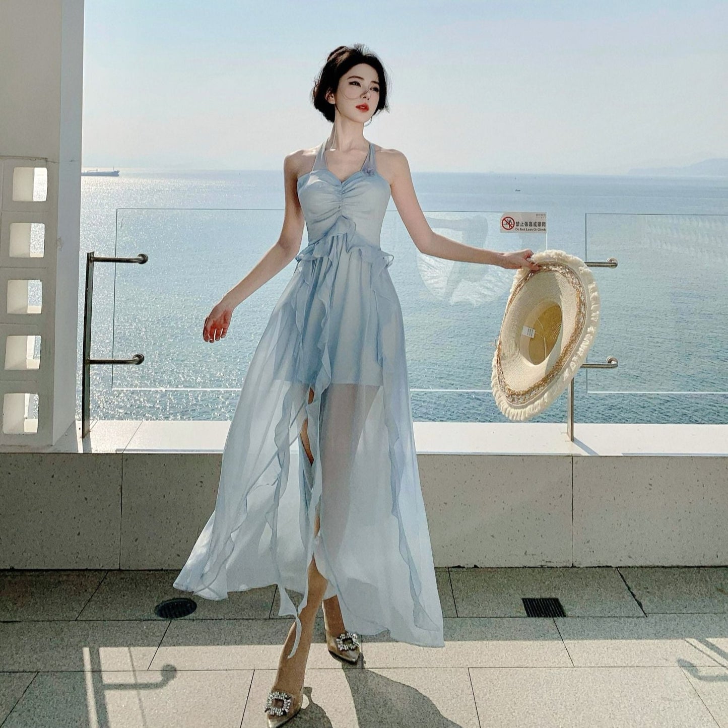 Summer Flowy Beach Vacation Lightweight Dress Backless Ruffles Halter Dress AP0299