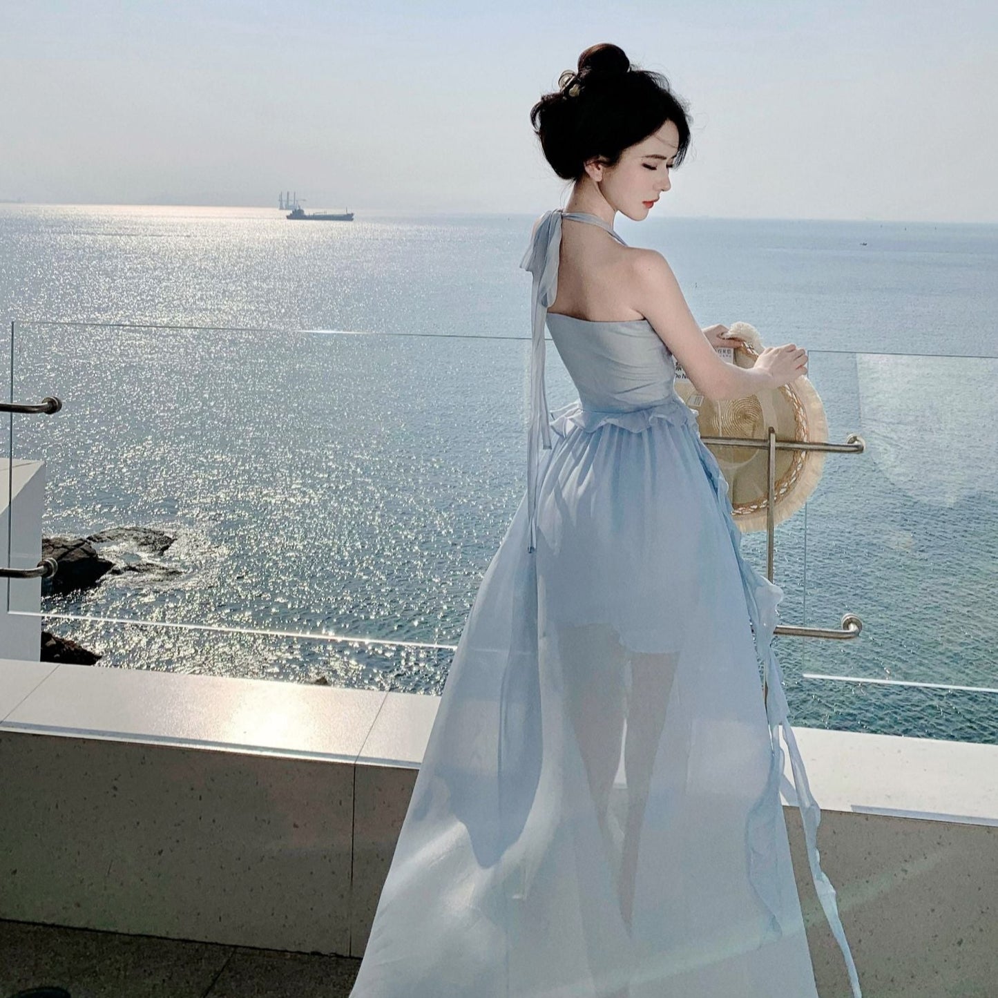 Summer Flowy Beach Vacation Lightweight Dress Backless Ruffles Halter Dress AP0299